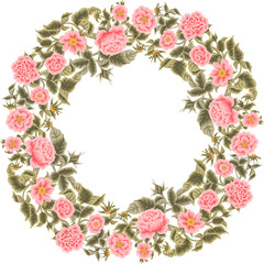 Vintage peach floral frame with roses, peony, chrysanthemum  flowers