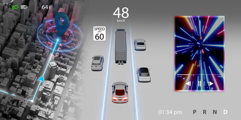 Car display interface map navigation LED screen user interface ui 3D illustration