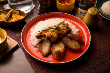 Fried chicken stew with baked potatoes Peruvian comfort restaurant gourmet food