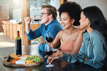 Wine party, friends and happy luxury tasting with healthy organic fruit with cheese and alcohol on a food table. Smile, diversity and young group of people in discussion at a relaxed dining event.