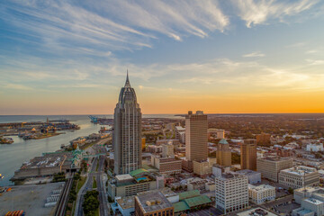 Mobile, Alabama waterfront skyline at sunset