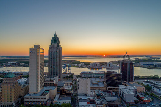 Mobile, Alabama waterfront skyline at sunrise