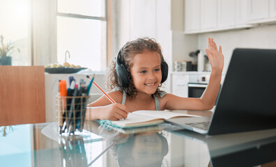 Homeschool, education and video call distance learning for child on laptop in home living room. Smile, writing and happy girl or waving student greeting on online school and study class for homework