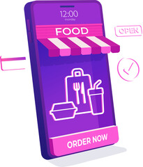 Online food shop delivery on mobile application concept. 3D Online store on mobile phone.