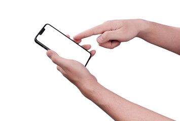 man holding black smartphone isolated on white background, cut path