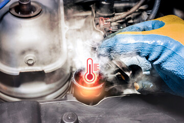 Car radiator overheating and smoke with a high temperature signal symbol.
