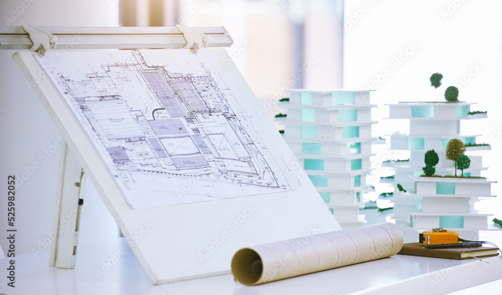Aufkleber Blueprints, architecture and design of building model with plans for construction in architectural office. Creative engineering, vision and real estate or residential planning with 3D structure