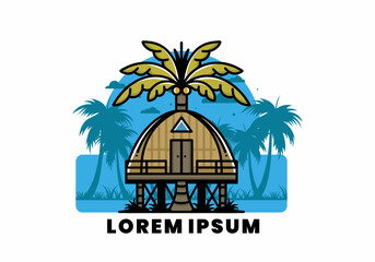 Wooden house with big coconut tree badge design