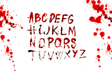  abs with streaks and blood stains in bloody splatter frame.Halloween alphabet. Letters written in...