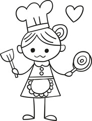 Cooking girl cartoon hand drawn outline style