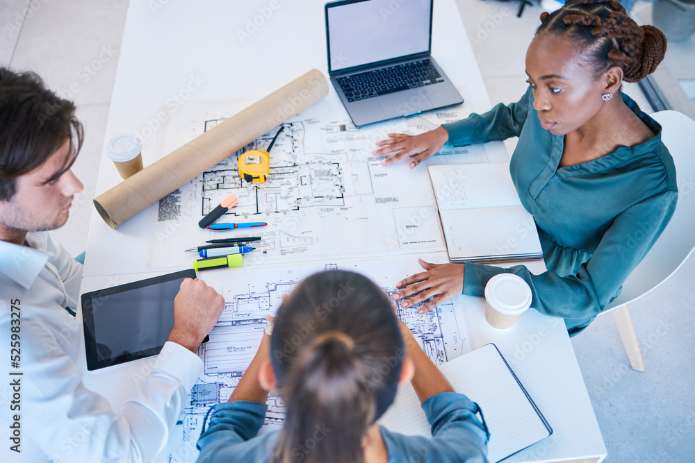 Poster Architect blueprints, engineers and designers analyzing drawing, draft and sketch plan for construction project, layout and building from above. Team collaboration planning for property development
