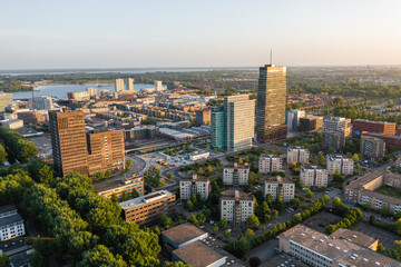 Fototapeta na wymiar Almere city center (Almere Stad), Flevoland, The Netherlands. Modern, growing suburban town near Amsterdam. Aerial drone shot.