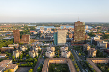 Fototapeta premium Almere city center (Almere Stad), Flevoland, The Netherlands. Modern, growing suburban town near Amsterdam. Aerial drone shot.