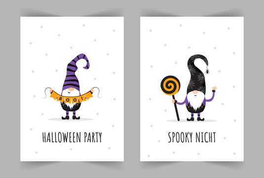 Set of Halloween greeting cards. Cute scandinavian gnomes. Spooky night party invitation, poster or flyer. Vector illustration in cartoon style. Holiday backgrounds with scary festive elements.