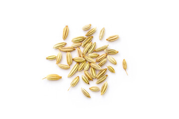 Dry fennel seeds isolated on white background , top view , flat lay.
