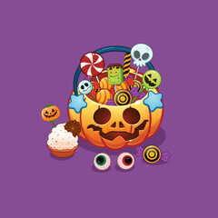Halloween pumpkin with candies. Cartoon sweets pumpkin basket, lollipops, jelly treats and candy cane vector illustration. Pumpkin trick or treat bag. Halloween pumpkin, lollipop and candy