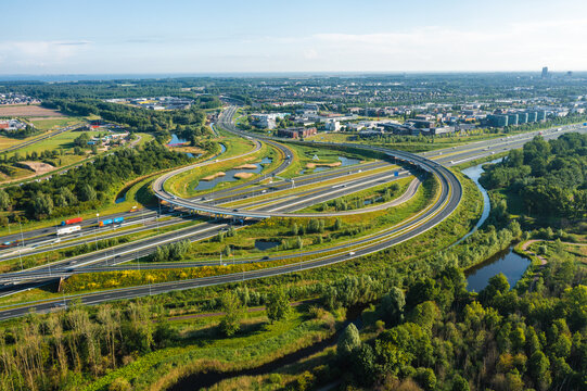 Aerial viewt of highway junction in Almere City, Flevoland, The Netherlands
