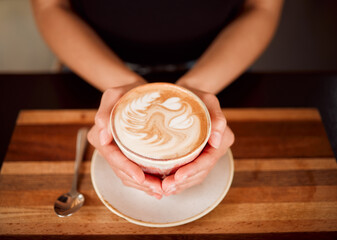 Coffee, tea and cappuccino drink in hands of a waiter working in coffee shop, cafe and restaurant. Closeup of server, employee and woman with warm or hot beverage in barista industry and hospitality