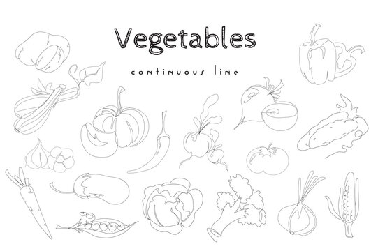 Set  of hand drawn vegetables in continuous line style. Potatoes, zucchini, carrots and many other vegetables set. Vegetables minimalist black linear sketch isolated on white background. 
