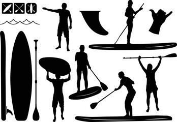 SUP boarding design elements. Set of vector emblems with SUP boards, boarder silhouettes and equipment