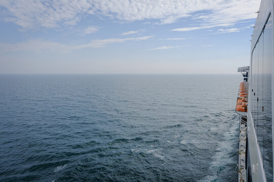 Fototapeta View from open outdoor deck of legendary luxury ocean liner cruise ship on passage during Transatlantic Crossing from Southampton to New York