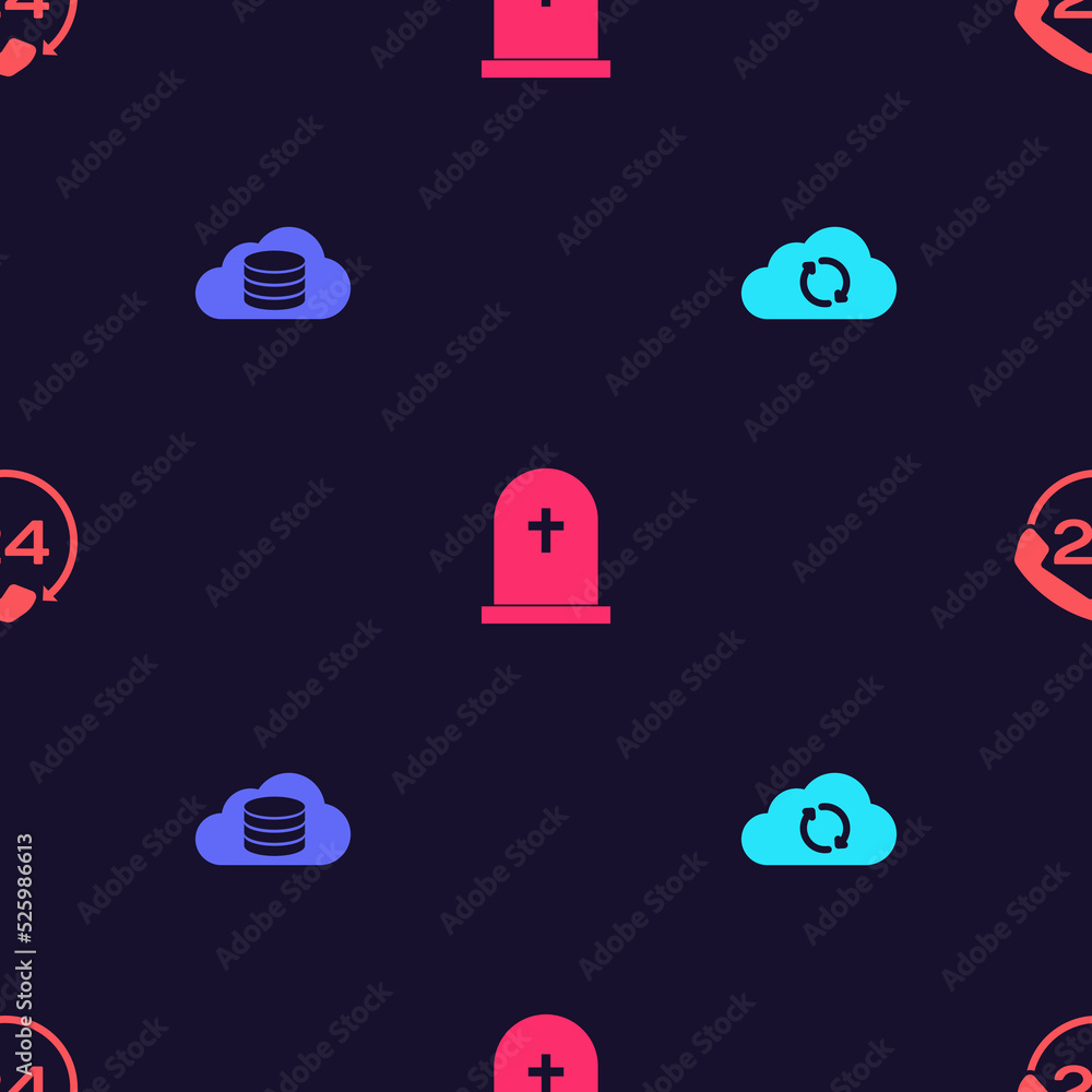 Poster set cloud sync refresh, database, tombstone with cross and telephone 24 hours support on seamless pa