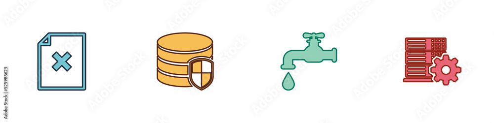 Poster set delete file document, database protection, water tap and server setting icon. vector