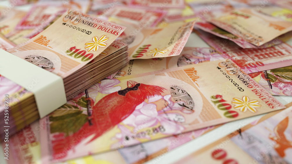 Poster close up of bermudian dollar notes spread on table. 3d rendering of money scattered on surface