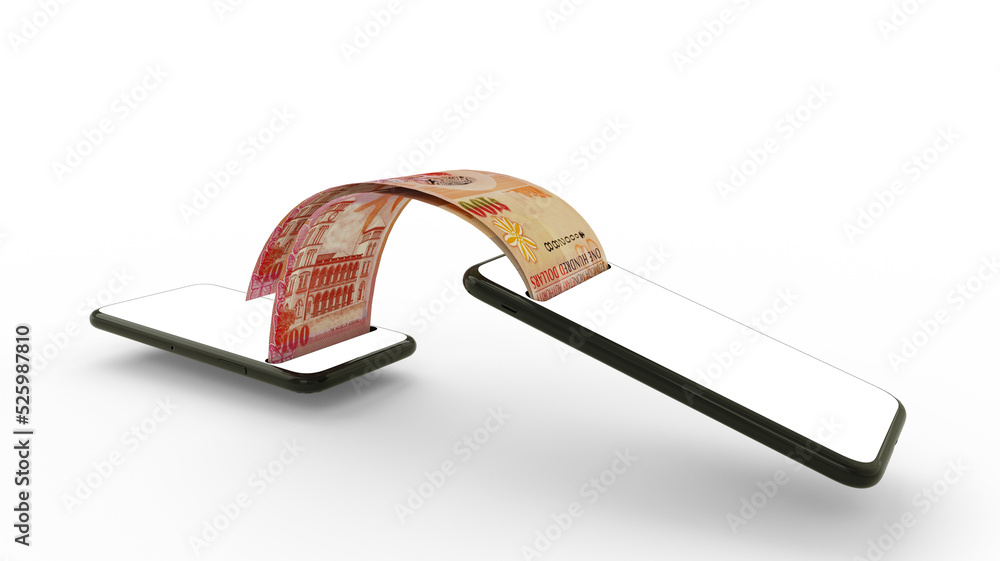 Aufkleber 3d rendering of bermudian dollar notes transferring from one phone to another. mobile money transact