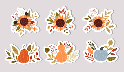 A set of autumn elements for decoration. Pumpkins, sunflowers, plants
