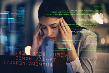Stress, headache and programmer with depression gets a cyber security attack, virus or glitch. Anxiety, tired and sad business woman or worker in iot and big data hacked by a hacker at work.