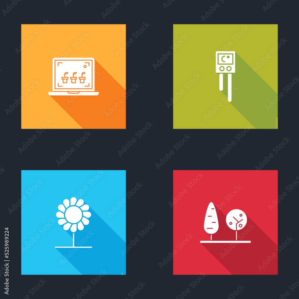 Poster set smart farming technology, temperature and humidity sensor, flower and trees icon. vector