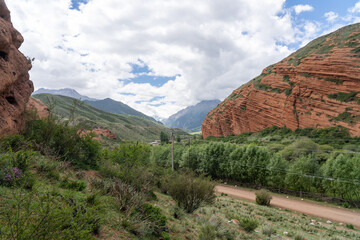 Landscape of orange mountains and trees in Kyrgyzstan