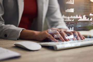 Finance, economy or investment with hands of a woman broker typing on a keyboard with digital overlay or special effects. Closeup of an accountant or crypto trader reading a chart to work on growth