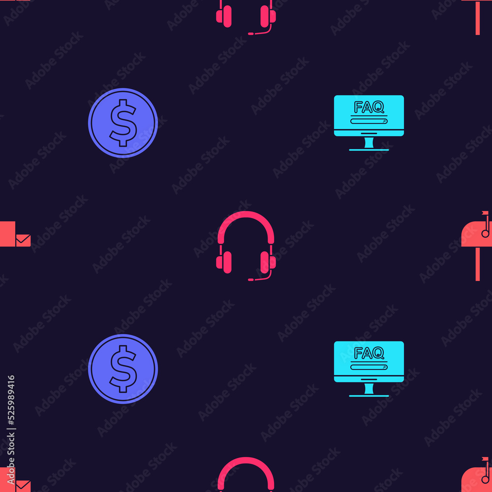 Poster set monitor with faq information, coin money dollar, headphones and open mail box on seamless patter