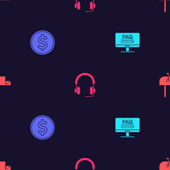 Set Monitor with FAQ information, Coin money dollar, Headphones and Open mail box on seamless pattern. Vector