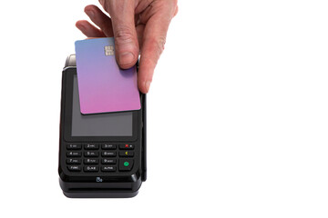 Attached plastic card to the payment terminal with a man's hand on a white isolated background, copy space