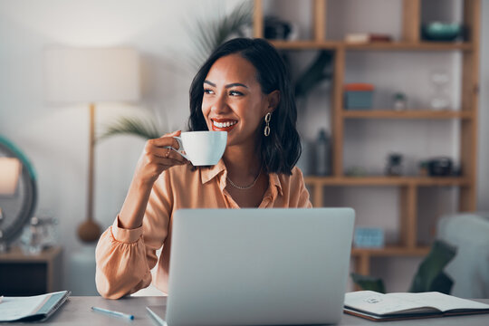 Woman working from home, freelancer and thinking entrepreneur drinking coffee, taking break and doing remote work with motivation for mindset ideas. Happy person planning vision and strategy solution