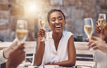 Woman talking for toast with celebration champagne at party with friends, wine for success at...