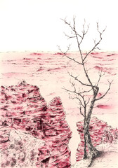 Rocky landscape with tree. Pencils on paper.