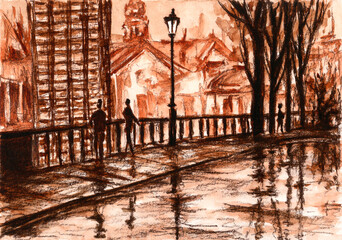 City at rainy weather. Sepia and watercolor on paper.