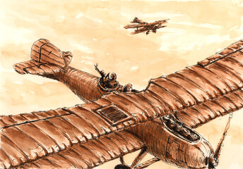Ancient biplane in fly. Ink and watercolor on paper.