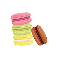 Flat vector Stack of different french cookies macaroons or macarons with drop shadow. Flat vector illustration isolated on white background