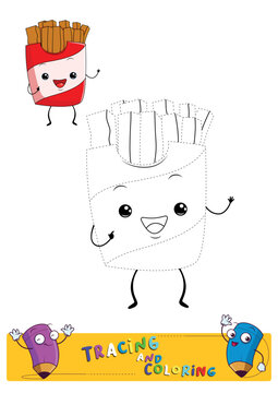 cute french fries trace lines drawing and coloring pratice worksheet for kids