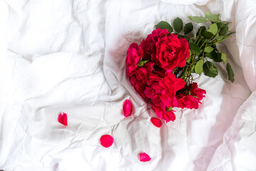 Colorful flower bouquet from red roses isolated on white background. Closeup.