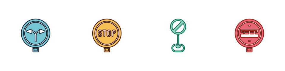 Set Fork in the road, Stop sign, and Railroad crossing icon. Vector