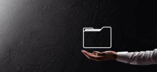 Businessman hold folder icon.Document Management System or DMS setup by IT consultant with modern...