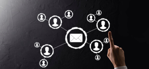 Email and user icon,sign,symbol marketing or newsletter concept, diagram.Sending email.Bulk mail.Email and sms marketing concept. Scheme of direct sales in business. List of clients for mailing.