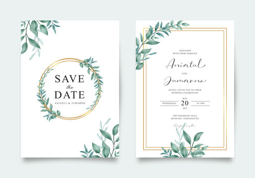 Elegant Wedding Invitation With Green Leaves And Gold Frame