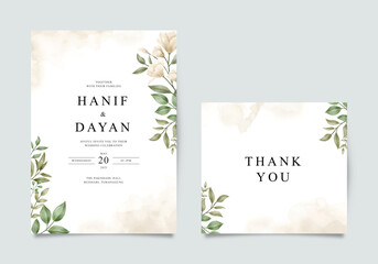 Minimalist wedding invitation and thank you card with flowers and leaves